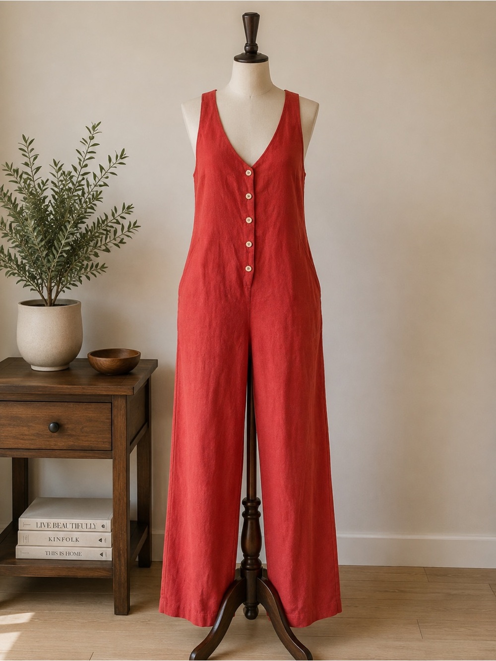 Coastal Red Linen Blend Wide Leg Jumpsuit Overalls Euro Summer Shinestar Size S
